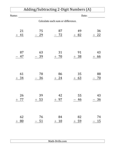 The 2-Digit Plus/Minus 2-Digit Addition and Subtraction with SOME Regrouping (A) Math Worksheet Addition With Regrouping Worksheets, Subtraction With Regrouping Worksheets, Regrouping Subtraction, Math Fact Worksheets, Math Addition Worksheets, Free Printable Math Worksheets, Math Drills, Addition And Subtraction Worksheets, 2nd Grade Math Worksheets