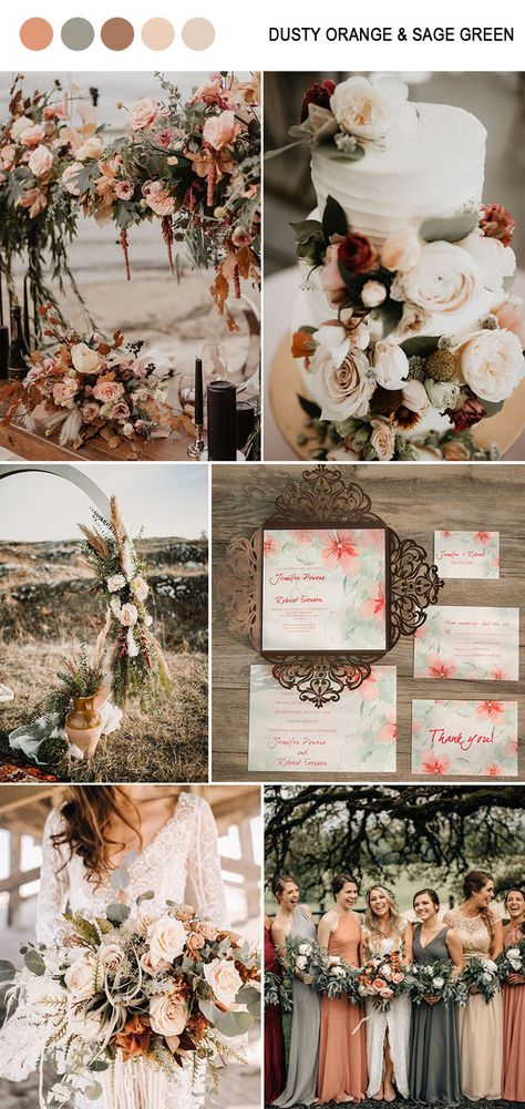 Sage Green Fall Wedding, Fall Wedding Color Inspiration, Green Fall Wedding, Orange And Sage Green, Green Fall Weddings, Fall Wedding Color Schemes, Dusty Orange, Sage Wedding, Sage Green Wedding