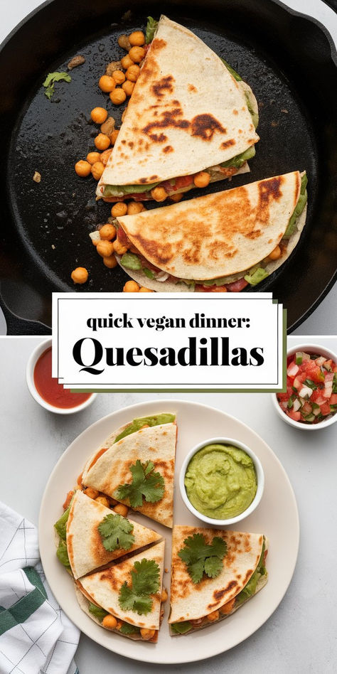 Chickpea-stuffed vegan quesadillas on a plate with avocado slices, showcasing a healthy and quick dinner idea. Healthy Vegan Quesadillas, Vegeterian Ideas Easy Recipes, Easy Vegetarian Lunch Ideas, Chickpea Quesadillas, Easy Quesadilla Recipes, Healthy Dinner Vegan, Quick Vegan Dinner, Simple Vegetarian Recipes, Vegan Quesadilla