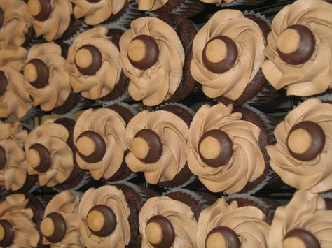 buckeye cupcakes  Why didn't I think of this - Cakes might not be my first choice but with buckeyes?!  YUM!!! Buckeye Cupcakes, Baking Cupcakes, Dessert Cupcakes, Yummy Cupcakes, Yummy Sweets, Sweets Treats, Cupcake Cookies, Let Them Eat Cake, Cupcake Recipes