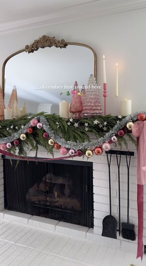 Pink Winter Decor, Vintage Colorful Christmas, Girly Christmas Aesthetic, Valentines Decorations For Home, Winter Mantel Decor, Maximalist Christmas, Christmas Mantles, White Mantle, Vintage Christmas Party