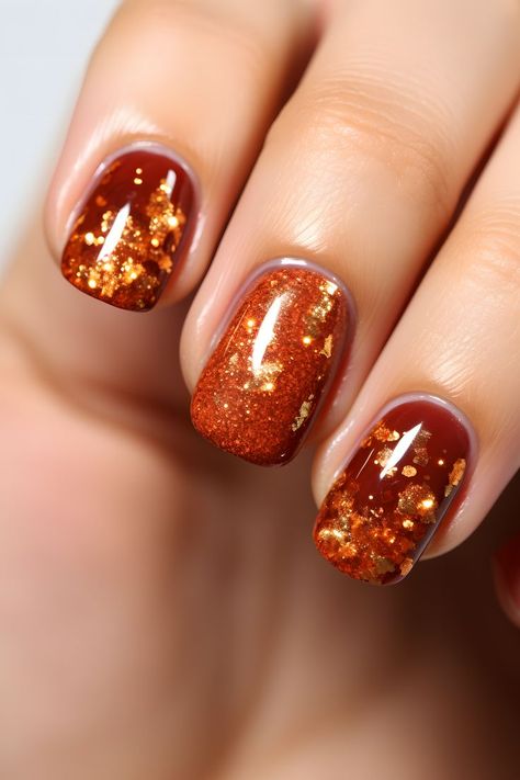 burnt orange nails, glittery nail ideas, autumn nail design, seasonal nail inspiration, nail trends, nail art, nail goals, nail fashion, nail inspo, nail aesthetics, nail styling, nail glam, nail vibes, nail magic, nail chic, nail goals, nail beauty, nail creativity, nail passion, nail obsession, nail love, nail artistry, nail trends 2023, nail style, nail elegance Glittery Nail Ideas, Nail Ideas Autumn, Burnt Orange Nails, Glittery Nail, Nail Aesthetics, Nail Vibes, Nail Glam, Nail Goals, New Years Eve Nails