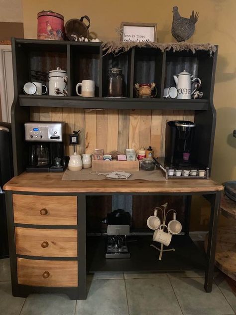 Desk Into Coffee Bar, Desk To Coffee Bar, Roll Top Desk Coffee Bar, Oak Computer Desk, Repurposed Desk, Bar Hutch, Upcycle Desk, Office Coffee Bar, Diy Coffee Station