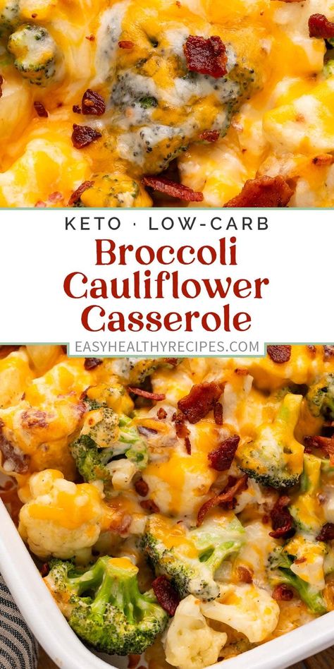 Full of tender florets and crispy, crumbled bacon, this cheesy broccoli cauliflower casserole is a total keto dream. The veggies are tossed in a rich mixture of sour cream, cream cheese, and heavy cream, then everything's layered together in a casserole dish and baked until hot and melty. It's a side dish that's SO easy to make and will have everyone reaching for seconds! Keto Broccoli And Cauliflower Casserole, Cheesy Broccoli Cauliflower Casserole, Cheesy Broccoli Cauliflower, Broccoli Cauliflower Casserole, Keto Side Dish, Keto Broccoli, Steamed Cauliflower, Keto Side, Cheesy Broccoli