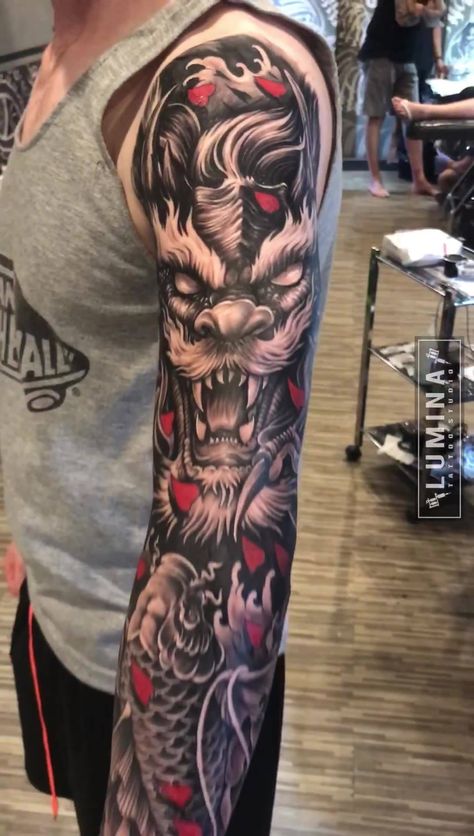 Lumina Tattoo Studio Bali, Japanese Legs, Dragon Head Tattoo, Tattoo Japanese Style, Yakuza Tattoo, Samurai Tattoo Design, Japanese Dragon Tattoos, Koi Tattoo, Forearm Sleeve Tattoos