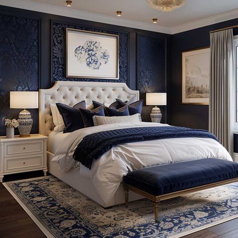 7+ Timeless Master Bedroom Wall Decor Ideas in Navy • 333k+ Inspiring Lifestyle Ideas Navy Palette, Dark Blue Bedrooms, Navy Blue Bedrooms, Bedroom Wall Decor Ideas, Silver Bedroom, Bedroom Frames, Bedroom Traditional, Luxe Bedroom, Sophisticated Bedroom