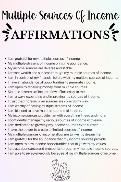 Money Affirmations Income Affirmations, Multiple Sources Of Income, Affirmations For Abundance, Income Sources, Sources Of Income, Streams Of Income, Gratitude Affirmations, Affirmations For Happiness, Manifest Abundance