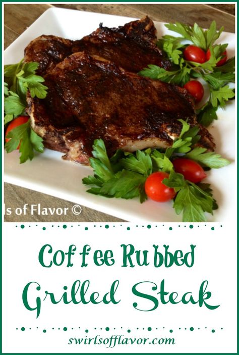 Our Coffee Rubbed Steak is seasoned with espresso powder and brown sugar for a deep rich flavor. Chile pepper adds a hint of heat and paprika lends a smoky note to this grilled steak recipe. #coffeerub #espresso #grilling #steak #swirlsofflavor Grilled Steak Recipe, Coffee Rubbed Steak, Grilling Steak, Coffee Rub, Steak Dishes, Steak Kabobs, Easy Grilling Recipes, Steak And Shrimp, Grilled Steak Recipes