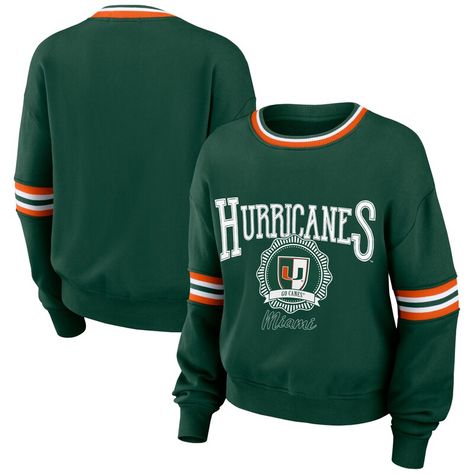 Step out in Miami Hurricanes style with this sweatshirt from WEAR by Erin Andrews. It features vintage-style team graphics and contrast stripes on the sleeves. Stay warm with this classic Miami Hurricanes sweatshirt. Pitt Panthers, Erin Andrews, Vintage Pullover, Vintage Pullovers, Los Angeles Chargers, Auburn Tigers, Florida Gators, Women's Wear, Crew Sweatshirts