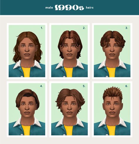 MALE CC HAIRS - 1990s I'm pretty sure every boy band member, pro-skater and teen boy at my high school I had a crush on in the 90s is represented in this hair collection! CC links under the cut. You... Sims 4 Decades Challenge, The Sims 4 Skin, My M, Pro Skaters, Sims 4 Teen, Skater Boy, Sims 4 Mods Clothes, 90s Hairstyles