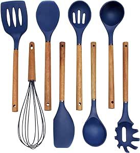 Set includes 1 ladle, 1 serving and mixing spoon, 1 slotted basting spoon, 1 slotted turner, 1 spoonula, 1 angled spatula, 1 spaghetti server and 1 whisk; Heat resistant up to 450° F. BPA free. Silicone Utensils, Classy Kitchen, Silicone Cooking Utensils, Wooden Kitchen Utensils, Cooking Tool, Silicon Utensils, Cooking Utensils Set, Spatula Set, Kitchen Utensil Set