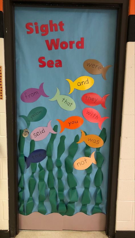 Sight Word Sea by L. Kluka Literacy Door Decorating Ideas, Sight Word Wall, Reading Month, Word Decor, Jolly Phonics, Door Wreaths Diy, Sight Word Activities, Door Decorations Classroom, Wreaths Diy