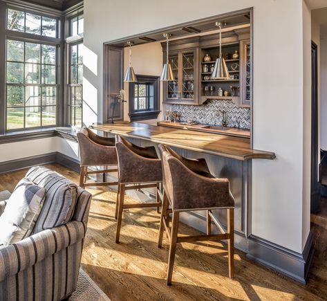 Sunroom with traditionally styled home bar  Family Room  Bar  Conservatory  Cottage  English Country  Traditional by Period Architecture Sunroom Bar Ideas, Sunroom Bar, Period Architecture, Quaint Cottage, Cottage Inspiration, Corner Fireplace, Arched Windows, Wood Beams, Bar Ideas