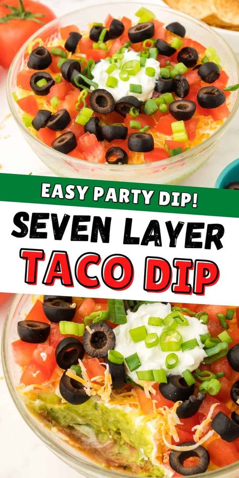 This layered taco dip is the best party appetizer! Plus it's quick and easy to make with refried beans, sour cream, guacamole, and all your favorite taco toppings. Seven Layer Taco Dip, Layer Taco Dip, Taco Dip Easy, 7 Layer Taco Dip, Taco Dishes, Layered Taco, Layered Dip Recipes, Layered Bean Dip, Layered Taco Dip