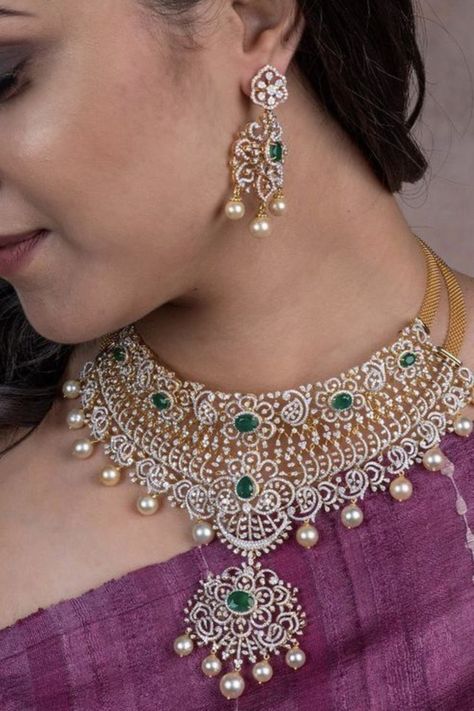 Whether worn as a token of love, a statement of style, or an heirloom to be cherished for generations, a diamond necklace is a dazzling masterpiece that will forever stand the test of time. Cz Choker Designs, Latest Diamond Necklace Designs, Diamond Choker Indian, Diamond Buttalu, Reception Jewellery, Diamonds Choker, Diamond Chokers, Wedding Seasons, Diamond Necklace Indian