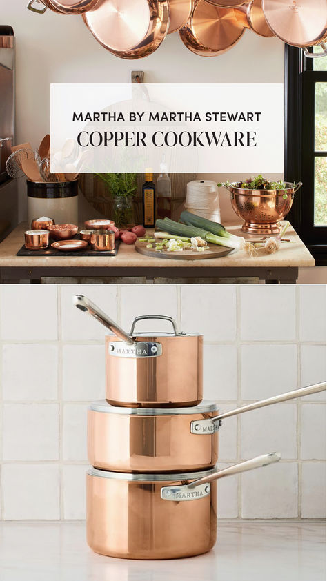 Add the most beautiful finishing touches to your rich and moody farmhouse kitchen look with these top quality copper cookware pieces from Martha by Martha Stewart. Up your cooking game with this tri-ply copper collection with exceptional heat conductivity for even cooking and browning with sturdy riveted handles that provide strength and leverage. See all sizes and choose your perfect starter set. Copper Cookware Display, Martha Stewart Copper Collection, Copper Pots And Pans, Copper Brass Cookware, Copper Saucepan, Chef Inspiration, Copper Cookware, Gourmet Cooking, Cooking Games