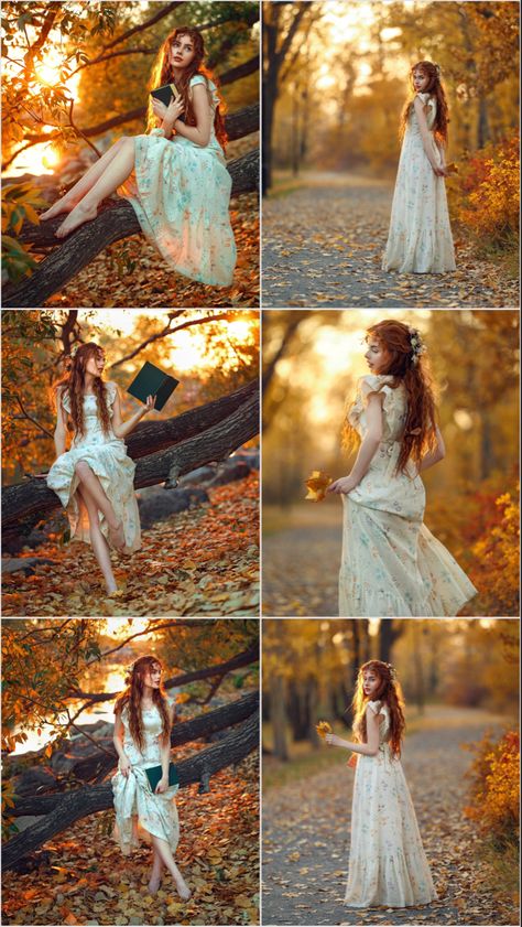 Beautiful redhead girl surrounded by golden foliage and sunset light. Model posing, photoshoot ideas, creative fall photoshoot, autumn vibes. Girl sitting on a tree, reading a book. Romantic, long dress, long hair. Best Photo Shoot Ideas, Fall Leaf Photoshoot, Photoshots Idea Girl, Sweet 16 Fall Photoshoot Ideas, Fall Fairy Photoshoot, Photoshoot Outside Poses, Fall Outdoor Photoshoot Ideas, Autumn Poses Photography, Autumn Photo Shoot Ideas