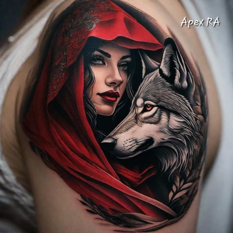 Wolves And Women Tattoo, Wolf Tattoo For Women Beautiful, Little Red Riding Hood Tattoo, Red Riding Hood Tattoo, Wolf Tattoos For Women, David Tattoo, Werewolf Girl, Red Riding Hood Art, Cool Tattoo Drawings