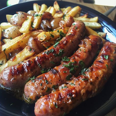 Sliced Onion, Cooking Spaghetti, Chocolate Cake Recipe Moist, Grilled Sausage, Potato Wedges, Fresh Parsley, Caramelized Onions, Baking Sheet, Food Items