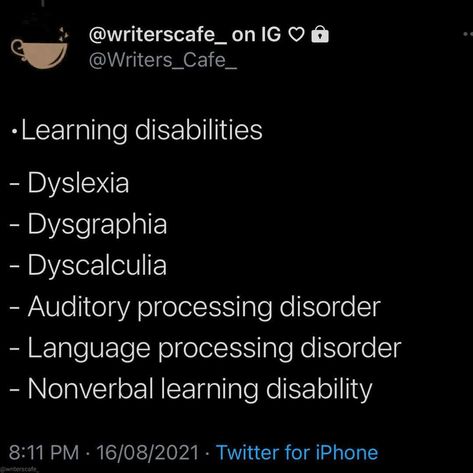 Disabilities To Give Characters, How To Write Disabled Characters, Writing Disabled Characters, Character Disorders, Language Processing Disorder, Tumblr Tips, Search And Destroy, Novel Tips, Plot Ideas