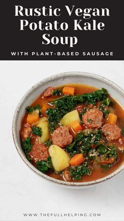 This is a cozy, hearty vegan potato kale soup that features plant-based sausage for protein. It's a one-pot recipe that's as comforting as it is nourishing! Potato Kale Soup, Soup With Sausage, Tofu Soup, Sausage Potatoes, Kale Soup, Sausage Soup, Vegan Potato, Vegan Sausage, Vegan Parmesan