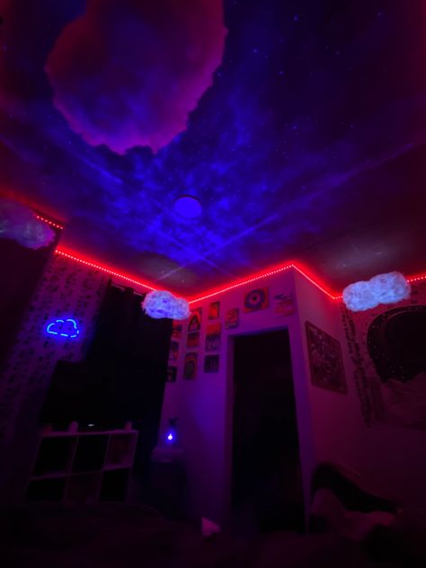 room inspo, tiktok, led lights, diy, clouds, skylight projector, paintings, trippy Tiktok Room Aesthetic Small Room, Black Light Bedroom, Room Inspo Tiktok, Cloud Room Aesthetic, Skylight Projector, Bedroom Buffet, Led Room Aesthetic, Tiktok Room Decor, Room With Led Lights