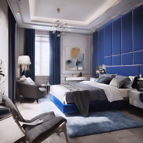 Modern Bedroom CGI. Colour theme Royale Blue. #chatgtp #chatgtp4 #bedroom #royalblueinterior #interior #modern #modernbedroom Bedroom Theater, Royal Bedroom Design, Men's Bedroom, Men Bedroom, Mediterranean Styles Interior, French Style Interior, Ultimate Man Cave, Masculine Bedroom, Apartment Bedroom Decor