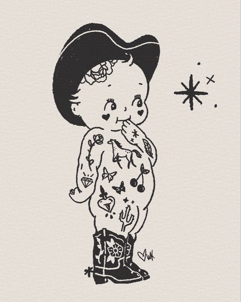 Tattoo Art Prints, Kewpie Background, Cowgirl Doodle, Kewpie Art Tattoo, Cowboy Kewpie, Kewpie Cowboy, Kewpie Drawing, Kewpie Wallpaper, Art School Aesthetic