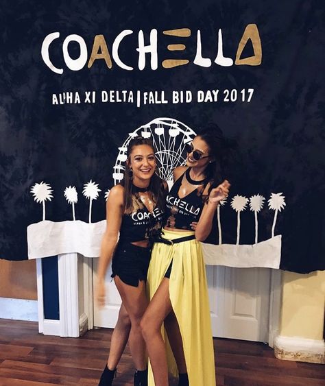 COACHELLA Alpha Xi Delta sorority letters. Bid Day Decorations, Alpha Xi Delta Letters, Alpha Xi Delta Shirt, Formal Themes, Sorority Recruitment Themes, Coachella Theme, Greek Crafts, Sorority Themes, Recruitment Themes