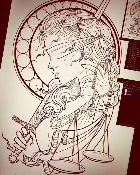 Justice Tattoo, Libra Art, Libra Tattoo, Kunst Tattoos, Greek Mythology Tattoos, Lady Justice, Mythology Tattoos, Greek Tattoos, Tattoo Art Drawings