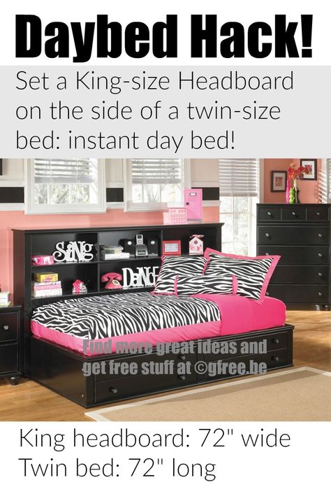 Mind blown! I am so doing this!! Pick up a cheap headboard on fb garage sale or craigslist and DIY. Love this daybed hack! twin bed next to king size headboard. Who knew? Check out this site for great ideas gimmieblog.com Daybed Hack, Cheap Headboard, Guest Room Makeover, Best Futon, Bedding Twin, Futon Decor, Futon Bedroom, Big Girl Bedrooms, Futon Covers