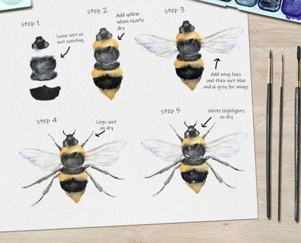 Bee Watercolor Tutorial · How To Paint A Piece Of Watercolor Art · Art on Cut Out + Keep Drawing Bees Step By Step, Carrot Watercolor, Cactus Watercolour, Watercolor Step By Step, Akvarel Illustration, Bee Watercolor, Diy Bee, Watercolour Tutorial, Flamingo Watercolor