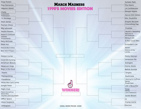 Free printable March Madness brackets: 1990s movies edition Movie Brackets, Bracket Game, Printable Brackets, Bracket Challenge, March Madness Bracket, 1990s Movies, La Confidential, Mrs Doubtfire, Movie Trivia