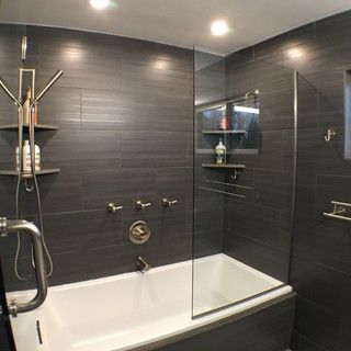 75 Contemporary Tub/Shower Combo Ideas You'll Love - June, 2024 | Houzz Shower Combo Ideas, Tub Shower Combo Remodel, Tub Pictures, Contemporary Bathroom Remodel, Bathroom Tub Shower Combo, Dark Bathroom, Modern Tub, Farmhouse Transitional, Scandinavian Rustic