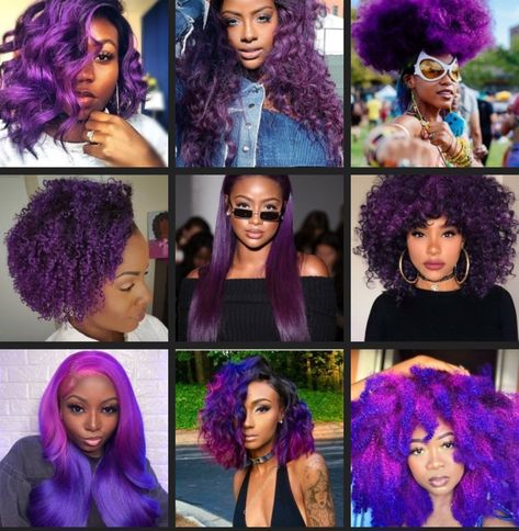 Purple hair on black women; purple hairstyles Purple Hair For Black Women, Black Women Purple Hair, Purple Hair Color Ideas For Black Women, Purple Hairstyles For Black Women, Purple Hair On Black Women, Purple Hair On Dark Skin, Purple Hair Black Women, Curly Purple Hair, African American Hair Color