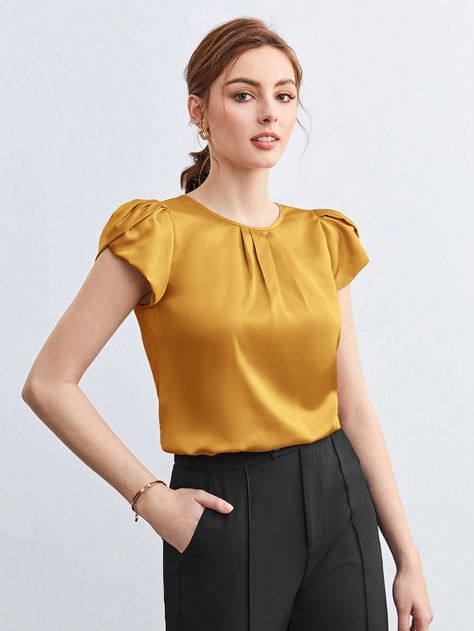 Yellow Elegant Collar Cap Sleeve Woven Fabric Plain Top Embellished Non-Stretch Summer Women Clothing Womens Work Shirt, Cap Sleeve Shirt, Petal Sleeve, Plain Tops, Satin Blouse, Sleeves (women), Work Shirts, Evening Wear, Women Clothes Sale