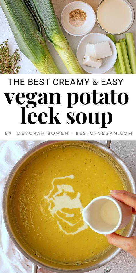 🌱🍵 Dive into the creaminess of our Vegan Potato Leek Soup - an easy weeknight dinner delight! This comforting soup boasts a smooth, delicious texture that the whole family will love! 🥣🥔 Perfect for meal prep, it's dairy-free and gluten-free, making this vegan soup recipe the star of the night! 🌟👪 Enjoy a bowlful of warmth! Creamy Potato Leek Soup, Vegan Potato Leek Soup, Refined Sugar Free Recipes, Quick Easy Vegan, Potato Leek, Comforting Soup, Potato Leek Soup, Vegan Soup Recipes, Vegan Potato