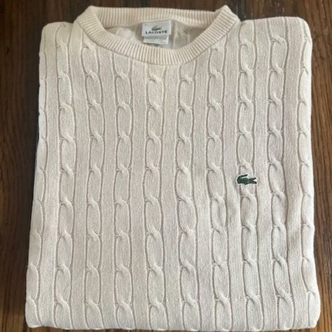 Lacoste Men's Cotton Cream Crewneck Knit Sweater - XXL Cream Crewneck, Lacoste Sweater, Cream Knit Sweater, Lacoste Men, Fine Knit, Mens Crew Neck, Alligator, Knit Sweater, Knitted Sweaters