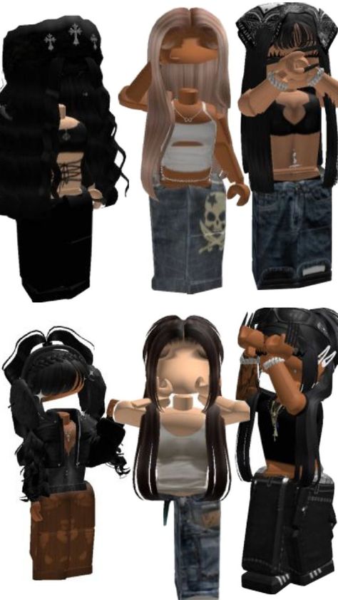 skine roblox Y2k Baddie Outfits, Black Avatar, Y2k Baddie, Black Hair Roblox, Bratz Inspired Outfits, Aesthetic Roblox Royale High Outfits, Baddie Fits, Baddie Outfits Ideas, Female Avatar