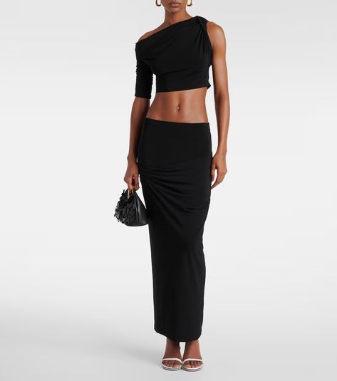 Le Haut Drapeado jersey crop top in black - Jacquemus | Mytheresa Black Skirt And Crop Top, Bold Gold Jewelry, Jersey Crop Top, Spring Sunglasses, Skirt And Crop Top, Minimal Shoes, Bridal Bag, Crop Top Set, Summer Swim Suits