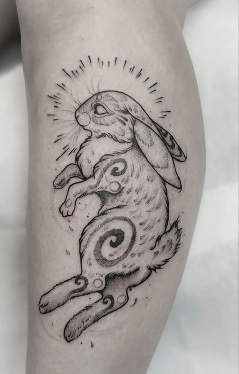 Edgy Bunny Tattoo, White Wolf Tattoo For Women, Gothic Rabbit Tattoo, Goth Rabbit Tattoo, Bunny Drawing Tattoo, Two Headed Rabbit Tattoo, Creepy Rabbit Tattoo, Hare Tattoo Design, Running Rabbit Tattoo