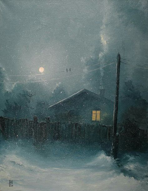 Winter Classical Painting, Cozy Winter Painting, Winter Art Aesthetic, Nocturne Paintings, Cabin Aesthetic, Blue Artwork, Snow Art, Winter Illustration, Fancy Art