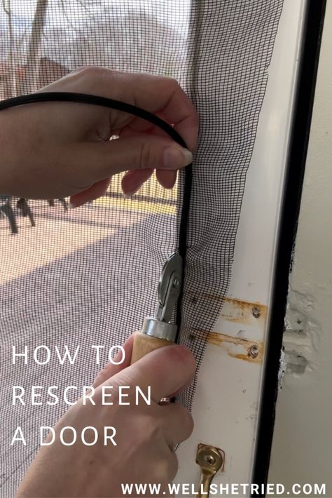 How to Rescreen a Door - Well She Tried Rescreen Screen Door, How To Rescreen A Screen Door, Spring 2025, Window Screens, Door Makeover, Backyard Makeover, Unique Doors, Screen Door, Diy Prints