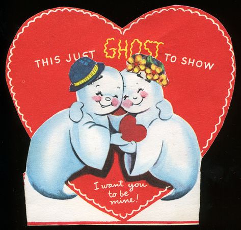 All sizes | This Just Ghost to Show | Flickr - Photo Sharing! Cookie Monster Halloween Costume, Ghost Couple, Hug Each Other, Happy Ghost, Vintage Halloween Cards, Childrens Valentines, Creepy Kids, Vintage Halloween Costume, Vintage Valentine Cards