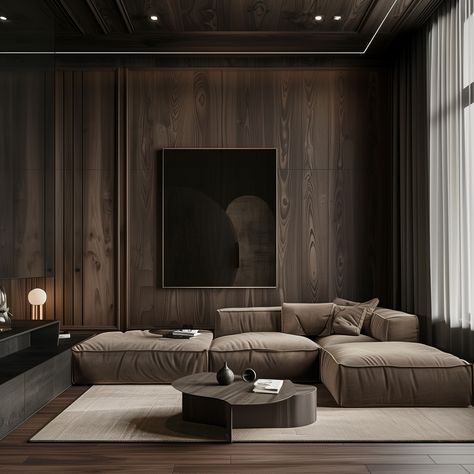 Living Room in Dark :: Behance Walnut Interior Design Living Room, Dark Contemporary Interior, Dark Brown Moodboard, Dark Brown Interior Design, Dark Contemporary Living Room, Living Room Dark Wood, Dark Modern Interior, Dark Wood Floors Living Room, Dark Wood Living Room