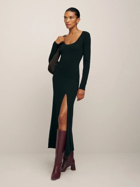 Sale | Sustainable Clothing | Reformation Long Boots Long Dress, 2023 Midi Dress, Midi Winter Dress, Boots And Midi Dress, Long Sleeve Black Dress Outfit, Long Sleeve Dress Classy, Long Dress And Boots, Long Dress Boots, Midi Dress With Boots