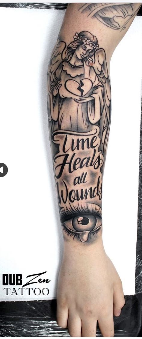 Finish Sleeve Tattoo Ideas, Cold Heart Tattoo Designs, See You On The Other Side Tattoo, Quote Tattoos Forearm, Tattoo Sketches For Men Sleeve, Arm Tattoo Sketches Ideas, Time Heals All Tattoo, Foe Tattoos, Front Arm Tattoo Woman