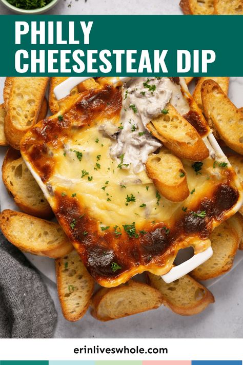 Try making this Philly Cheesesteak Dip the next time you want to spice up your appetizer party table! This creamy and cheesy dip is made with shaved ribeye steak, cream cheese, Greek yogurt, sharp white American cheese, and onions. The combination of flavors is perfect and will surely make everyone want more. Serve it with chips, crostini, or bread to get the full cheesesteak experience without having to go through the hassle of making sandwiches. Steak Cream Cheese, Philly Cheesesteak Dip, Cheesesteak Dip, White American Cheese, Philly Cheese Steak Dip, Making Sandwiches, Cream Cheese Sandwiches, Appetizer Party, Cheesy Dip