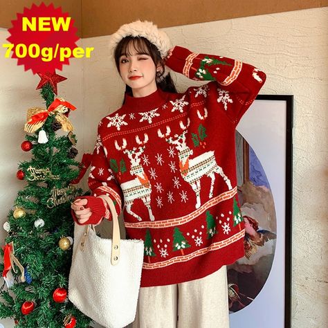 Smarter Shopping, Better Living! Aliexpress.com Long Sleeve Top Outfit, Reindeer Christmas Sweater, Winter Knit Sweater, Outfit Korean, Handmade Sweater, Fashion Christmas, Cardigan Vintage, Gacha Edit, Cardigan Casual