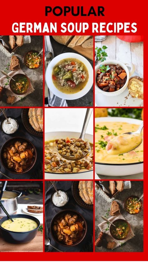 Collage of various German soup recipes including pea soup, beef stew, and creamy potato soup. German Soups And Stews, Soup Recipes From Around The World, German Soup Recipes, German Soups, German Soup, German Potato Soup, Best German Food, German Christmas Food, Goulash Soup